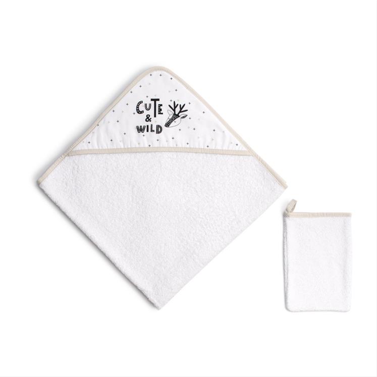 Hooded Towel + Mitt - Cute & Wild- Beige - 75X75 / 15X21 Cm